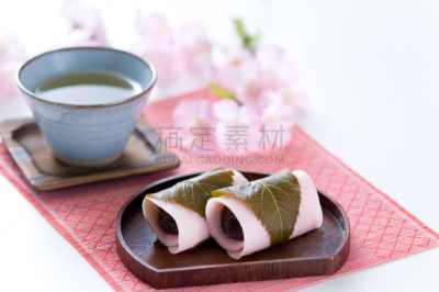 橡叶麻糬,水平画幅,樱花,无人,日式茶杯,日本点心,春天,日本料理,日本食品