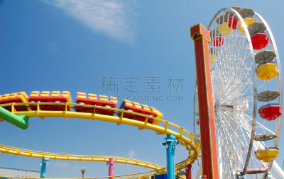 圣莫尼卡,at&t球场,圣莫尼卡码头,过山车,摩天轮,天空,水平画幅,无人,洛杉矶县