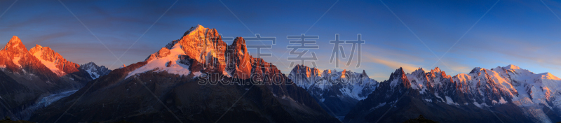 霞慕尼,山,德鲁,高山辉,霞慕尼峰,米迪正午峰,宽的,勃朗峰,天空,水平画幅