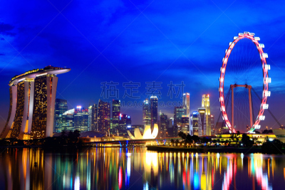 夜晚,城市天际线,新加坡市,水平画幅,新加坡,建筑,无人,户外,城市,滨海湾