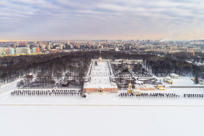 雪,城市,库斯科佛公园,莫斯科,航拍视角,水平画幅,无人,城市天际线,早晨,户外