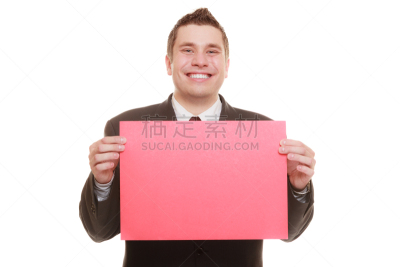 空白的,红色,标志,拿着,男商人,留白,水平画幅,消息,套装,白人