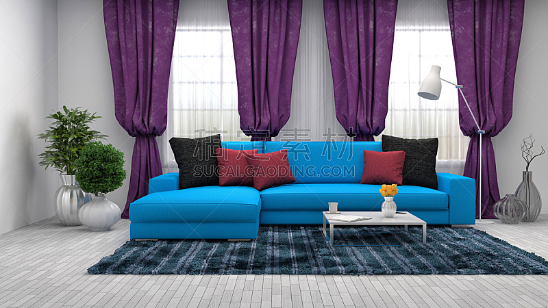 蓝色,沙发,室内,绘画插图,三维图形,住宅房间,水平画幅,无人,装饰物,家具