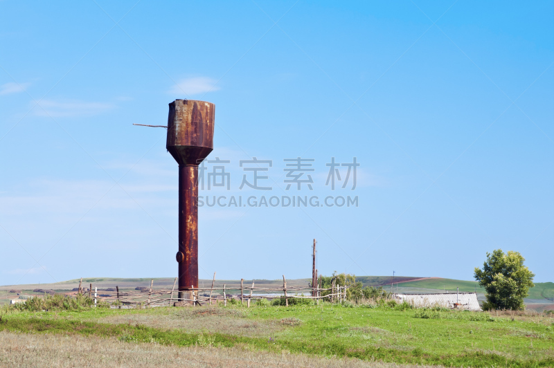 乡村,水塔,在边上,天空,水平画幅,无人,蓝色,夏天,户外,生锈的