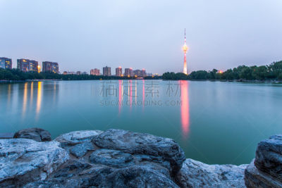 北京,玉渊潭公园,中央电视塔,水,天空,水平画幅,樱花,无人,户外,彩色图片