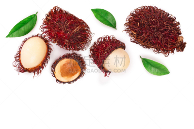 叶子,红毛丹,留白,文字,热带水果,分离着色,平铺,白色背景,白色,红色