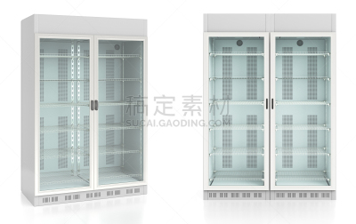 冷藏货架,空的,已售完,冷却器,冰箱,冰柜,冻结的,零售展示,商店,正面视角