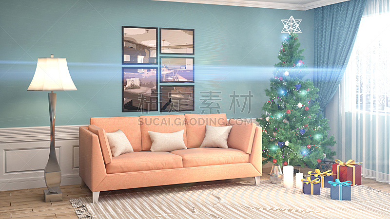 圣诞树,起居室,绘画插图,窗户,贺卡,圣诞卡,水平画幅,无人,房屋