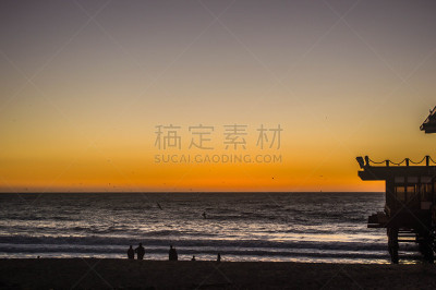 波浪,码头,雷东多比奇,加利福尼亚,水边,曙暮光,黄昏,鸟类,海岸线,阴影