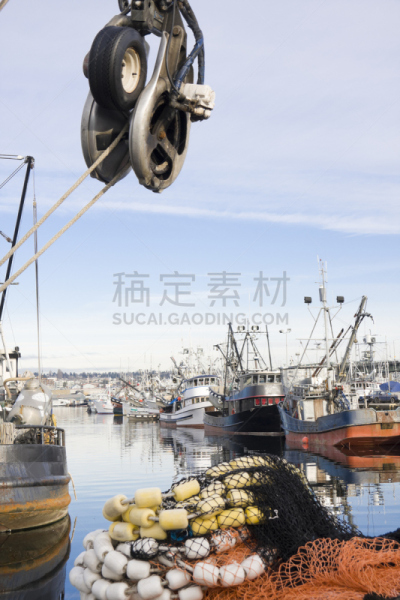 鱼网,船,堆,背景聚焦,刺网渔法,渔网捕鱼,普吉特海湾,拖捞船,西雅图,垂直画幅
