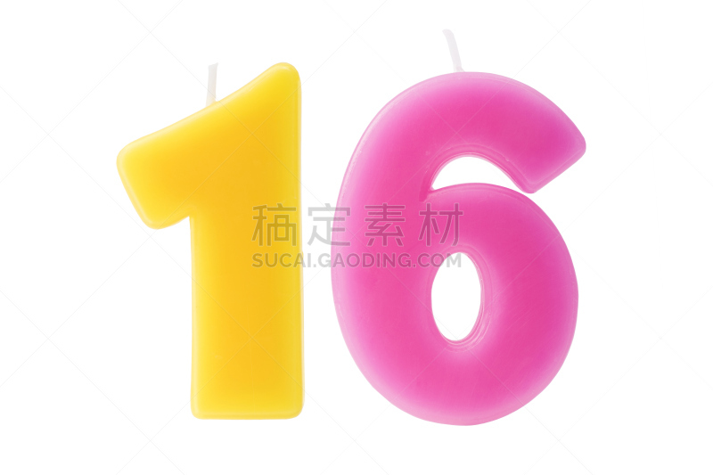 分离着色,16世纪图片,生日蜡烛,数字16,16世纪,16岁到17岁,青少年,水平画幅,可爱的,衰老过程