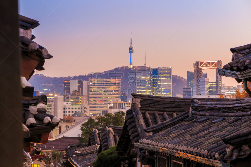 韩屋,首尔,水平画幅,建筑,夜晚,无人,乡村,城市天际线,户外,都市风景