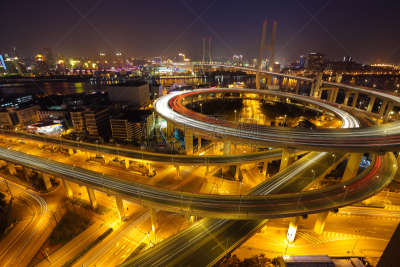 夜晚,高架道路,航拍视角,高架桥,桥,上海,水平画幅,高视角,无人,南浦大桥
