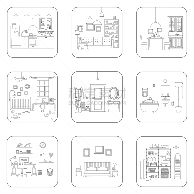 住宅房间,线条,室内,浴室,绘画插图,灯,家具,居住区,商业厨房,现代