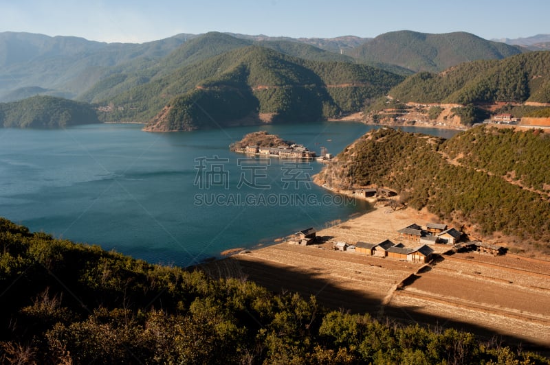 泸沽湖,云南省,风景,天空,水平画幅,地形,无人,乡村,海港