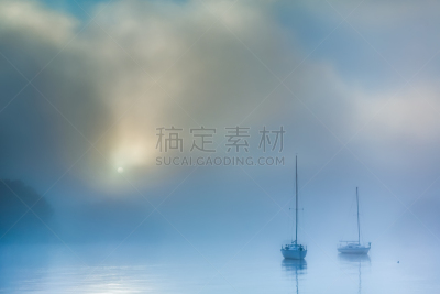 秘密,有帆船,雾,湖,在上面,水,水平画幅,鸟类,早晨,曙暮光