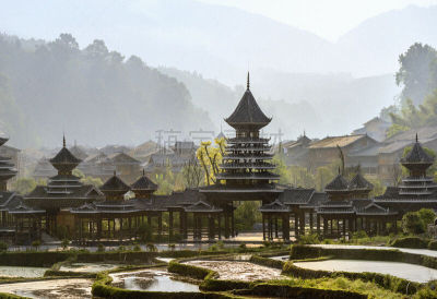 乡村,倾盆大雨,风,进口标志,桥,早晨,鼓楼,三江,贵州省,留白