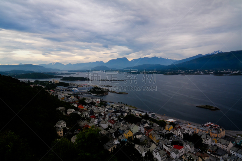 挪威,都市风景,全景,阿雷松德,视角,城市生活,斯堪的纳维亚半岛,海港,曙暮光,黄昏