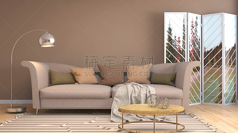 沙发,室内,三维图形,绘画插图,普罗旺斯,褐色,座位,水平画幅,无人,装饰物