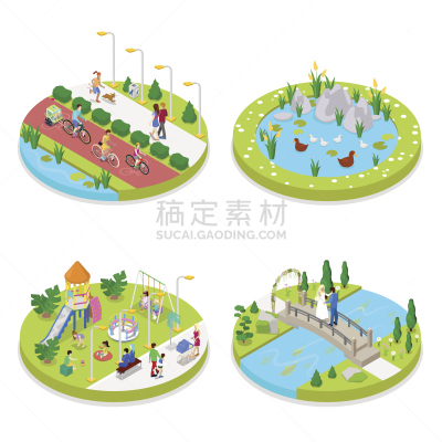 城市,公园,人,游乐园设施,公园长椅,等角投影,喷泉,游乐场,休闲活动,绘画插图