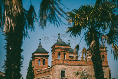 建筑外部,西班牙,阿拉伯风格,托雷多,平衡折角灯,天空,留白,水平画幅,城堡,郊区