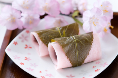 橡叶麻糬,日本点心,樱花,春天,水平画幅,日本料理,无人,日本食品,粉色