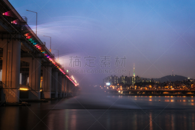 喷泉,彩虹,桥,南山塔,汉江,天文台,梁,首尔,名声,照明设备
