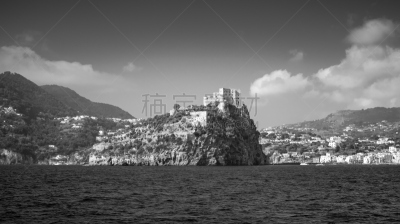 单色调,伊斯基亚岛,海岸地形,地形,天空,外立面,水平画幅,无人,海港,古老的