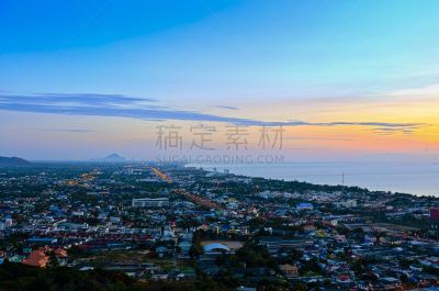 华欣,黎明,地形,城市,巴蜀,天空,高视角,早晨,曙暮光,明亮