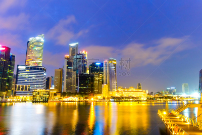 新加坡,都市风景,城市天际线,滨海湾 ,长时间曝光,天空,水平画幅,夜晚,无人,曙暮光