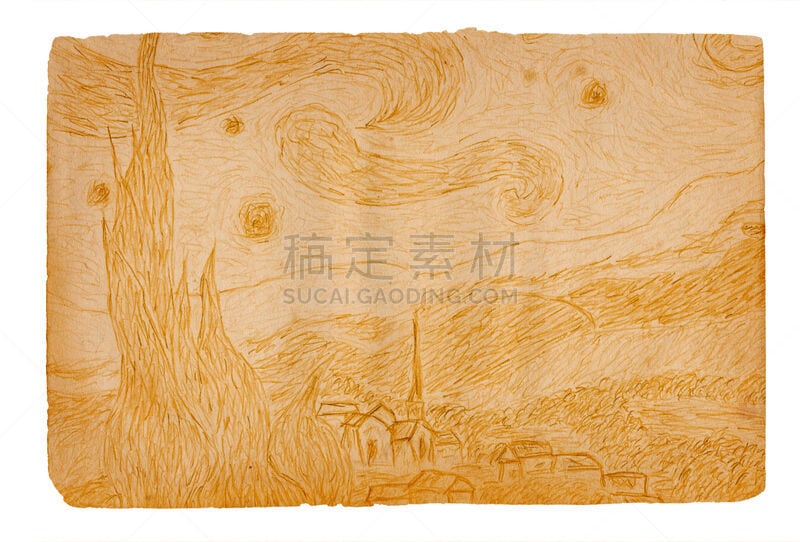 纸,夜晚,星形,梵高,印象主义,褐色,古董,艺术,水平画幅,纹理效果