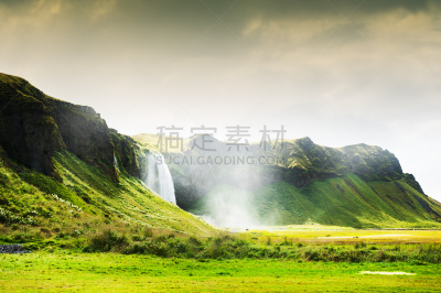 冰岛国,seljalandsfoss waterfall,水,水平画幅,山,瀑布,无人,夏天,户外,著名景点