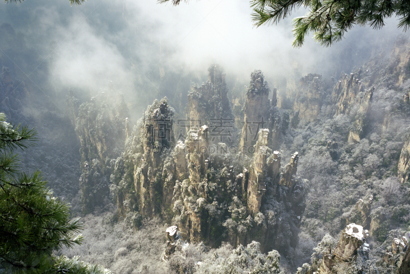 冬天,中国,张家界,湖南省,自然立柱,水平画幅,雪,无人,当地著名景点,户外