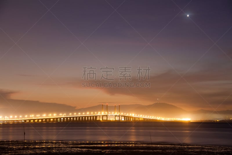 马来西亚,海滩,槟榔屿州,乔治敦,看风景,桥,水,天空,水平画幅,夜晚