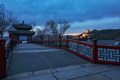 颐和园,夜晚,北京,昆明湖,亭台楼阁,客船,水平画幅,雪,无人,鸟类