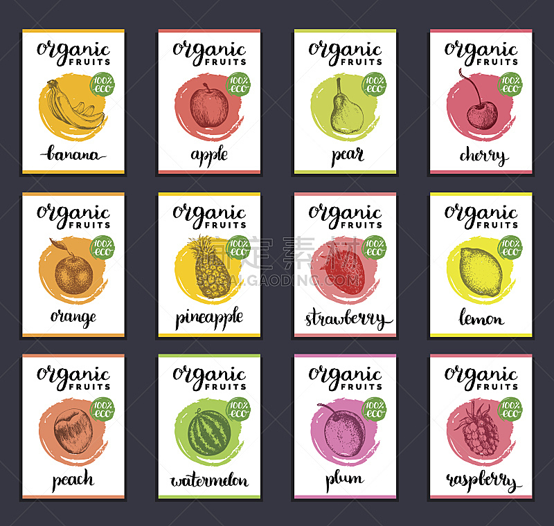 覆盆子,梨,桃,标签,菠萝,樱桃,绘画插图,草莓,纸牌