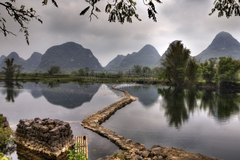 山,桂林,广西壮族自治区,水坝,于龙河,喀斯特,水平画幅,防洪堤,户外,阳朔