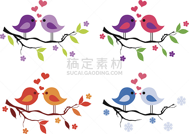 可爱的,鸟类,红色,矢量,动物心脏,橙色,树,布置,相伴,爱
