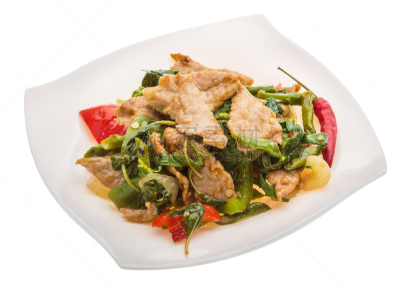 蔬菜,猪肉,餐具,水平画幅,膳食,香料,泰国,肉,盘子,红色
