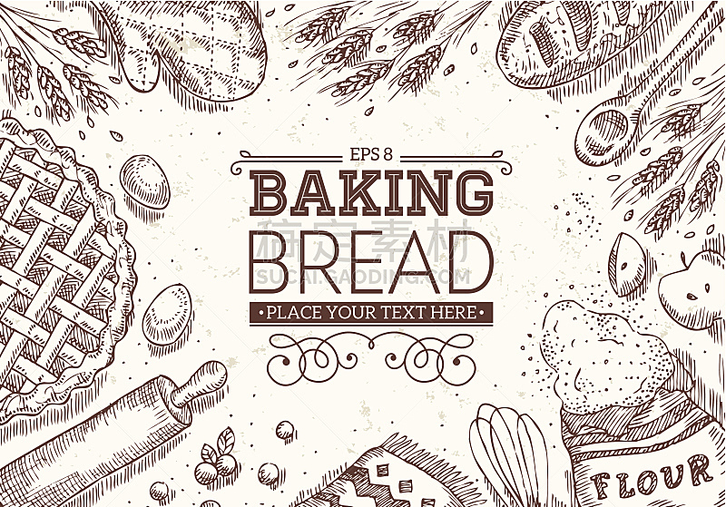 烤面包,边框,配方,面包店,绘画插图,蛋糕,古典式,乡村风格,面包,模板