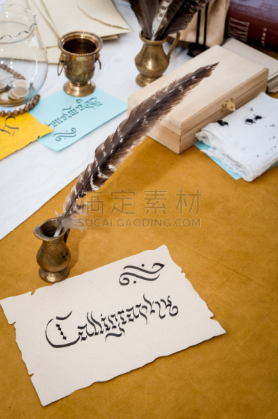 鹅毛笔,纸,古老的,书法,平衡折角灯,中世纪花饰字母,和纸,莎草纸,拉丁文,牛皮纸