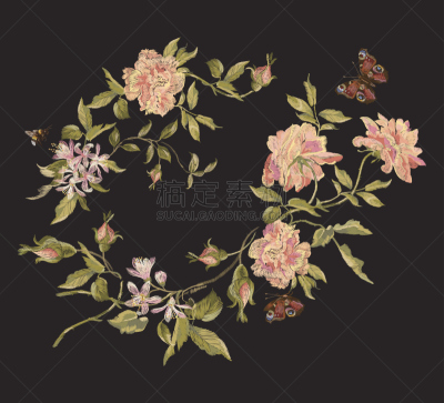 刺绣,牡丹,花纹,蝴蝶,时尚,领口,图案t恤,宽松上衣,纹理效果,纺织品