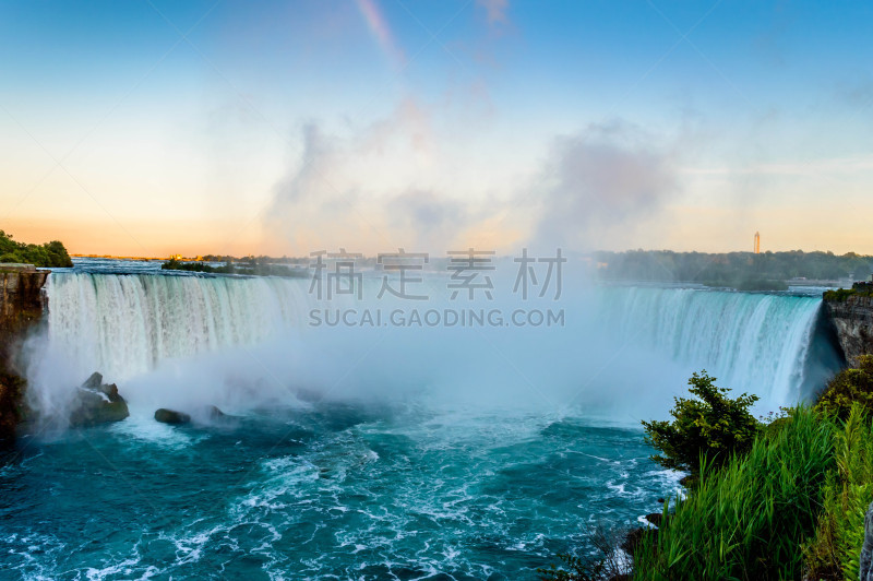 尼亚加拉瀑布,全景,水,水平画幅,瀑布,无人,尼亚加拉河,湖畔市,户外,戏剧性的天空