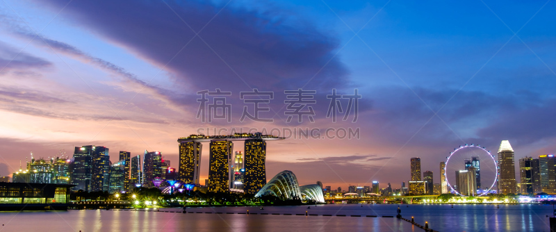 新加坡,都市风景,城市天际线,滨海湾 ,天空,水平画幅,夜晚,无人,曙暮光,户外