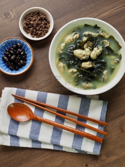 韩国食物,海草,汤,牡蛎,焖菜,食品,顶部,餐具,味噌酱,自制的