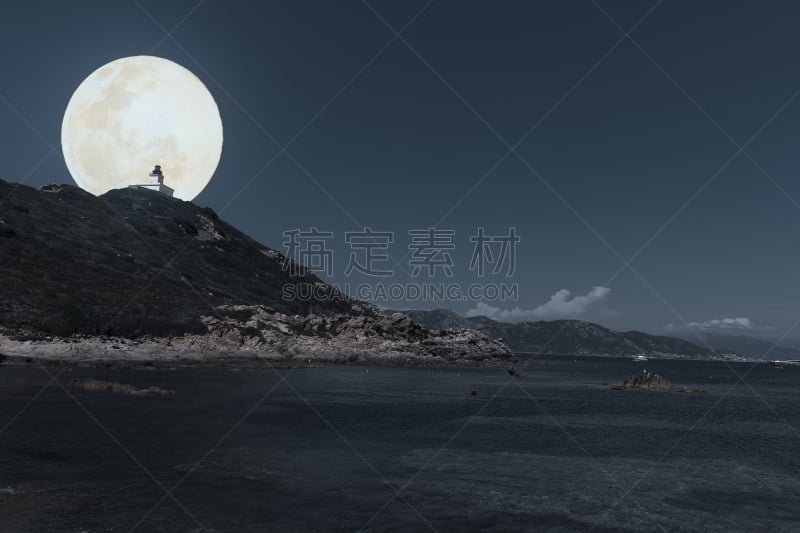 夜晚,岛,海洋,岩岛,赤血岛,科西嘉,月光,合成图像,天空,留白