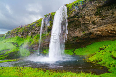 冰岛国,塞里雅兰瀑布,seljalandsfoss waterfall,水,天空,水平画幅,瀑布,苔藓,夏天,云景
