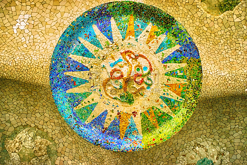 桂尔公园,巴塞罗那,镶嵌图案,太阳,安东尼奥·高迪,陶瓷制品,公园,art deco风格,艺术,水平画幅