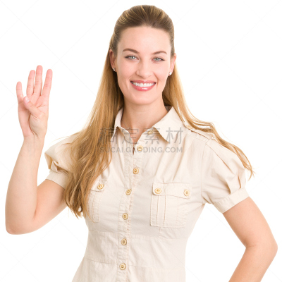 伸出四个手指,女人,短袖,数字4,正面视角,留白,半身像,仅中年女人,30岁到34岁,仅成年人