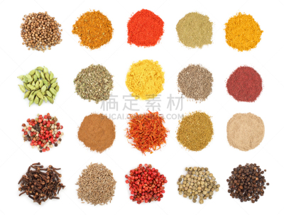 香料,白色背景,多样,分离着色,平铺,肉豆蔻,背景分离,肉桂,辣椒粉,芥末
